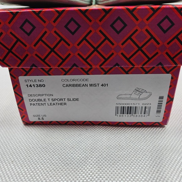 Tory Burch Double T Sport Slide Caribbean Mist Green Patent Leather 141380 8.5 - Picture 3 of 7
